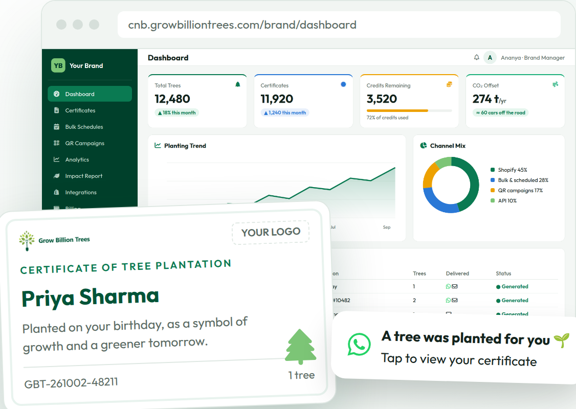 A branded tree certificate, the brand dashboard and the WhatsApp message recipients receive