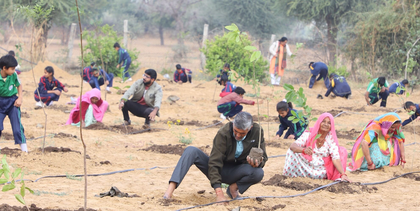 Volunteers, students and villagers planting saplings together at a Grow Billion Trees site in Rajasthan