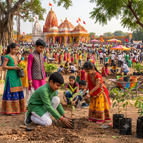Children in festive clothes planting tree saplings near a temple during Navratri
