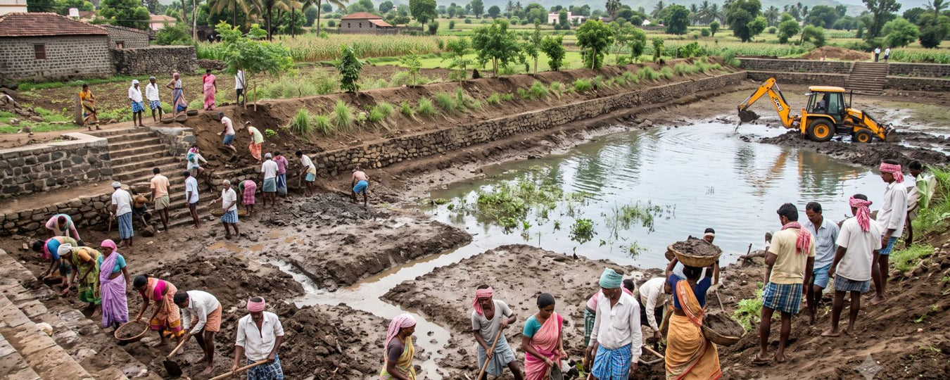 Community workers and an excavator desilting a village pond